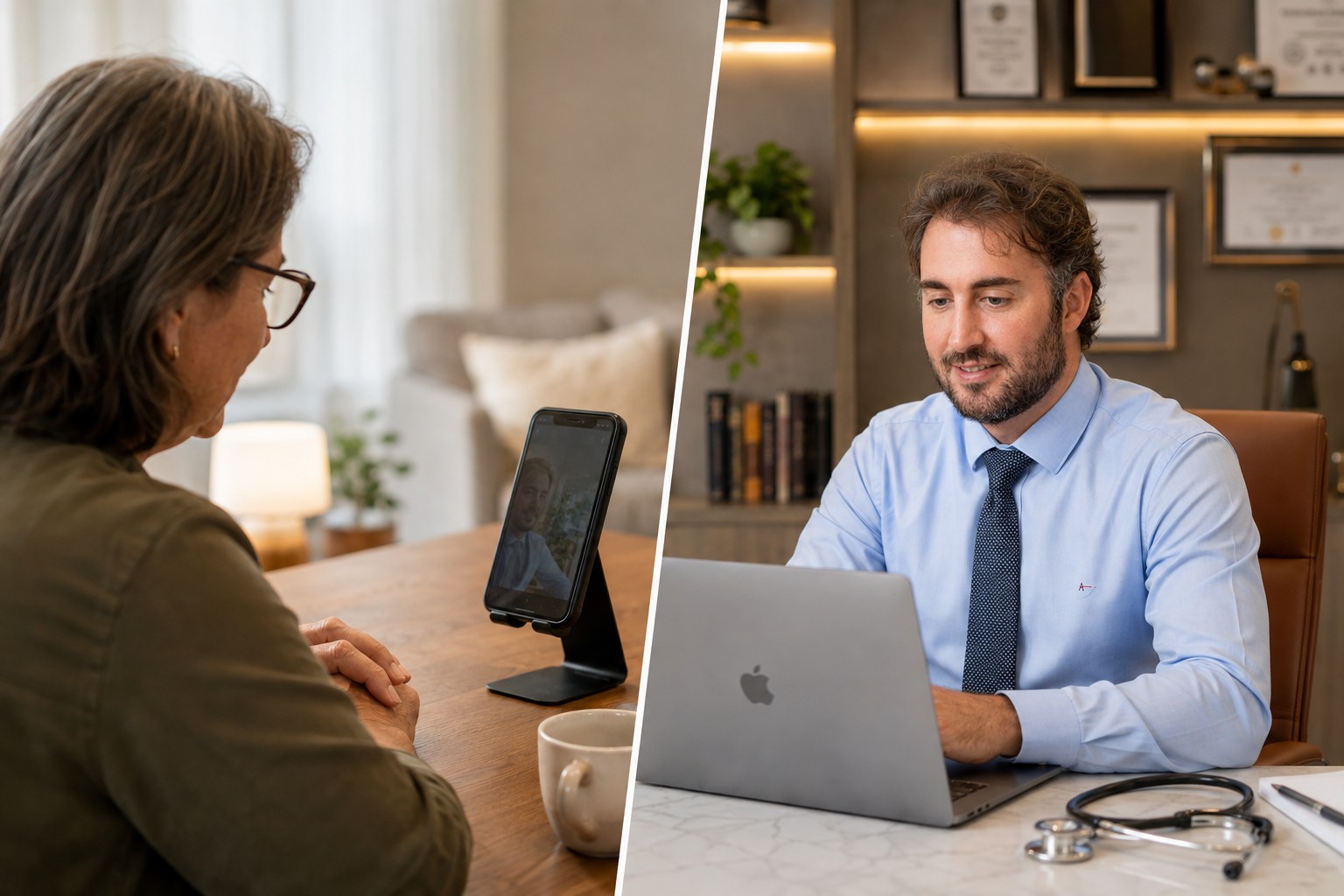 Paciente em casa fazendo videoconsulta pelo celular e, do outro lado, o médico atendendo pelo notebook em seu consultório